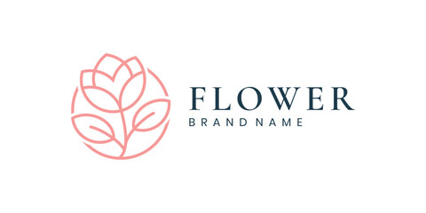 Elegant line flower logo with leaves in a circle