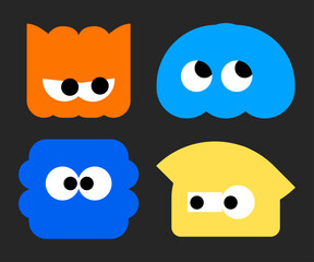 Group of geometric blue and orange cartoon monsters or funny mascots with big eyes isolated on dark background