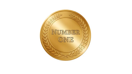 Shiny golden medal with laurel wreath design inscribed with the words number one isolated on transparent background
