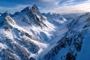 Snowy Mountain Peaks and Valley Under Blue Sky
