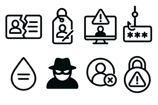 Digital Identity Theft Icons. Digital Identity Theft Symbols linear set: breached ID card, stolen credential tag, suspicious login alert, phishing hook icon, data-leak droplet,