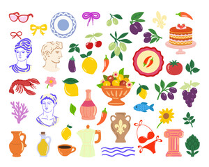 Mediterranean Clipart Set, Italian Food, Classical Art and Decorative Elements, Vintage Food & Classical Art Vector Set, Vector illustration