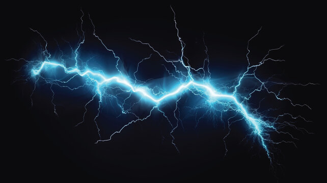 Vivid blue lightning bolt crackles across a dark sky