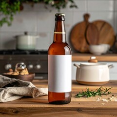 Amber Beer Bottle With Blank Label on Kitchen Countertop With Rosemary and Salt