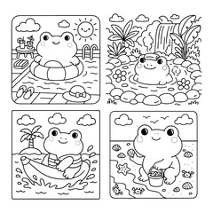 Cute Frog Coloring Page, Kawaii Animal Line Art, Vector Illustration