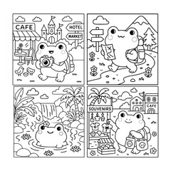 Cute Frog Coloring Page, Kawaii Animal Line Art, Vector Illustration