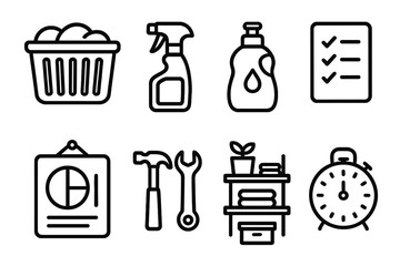 Home Essentials Icons. Home Routine Essentials linear set: laundry basket, cleaning spray, dish soap, grocery list, meal prep board, home tools, tidy shelf, routine timer.