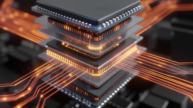 3d rendering of stacked microprocessors with glowing orange data transfer lines
