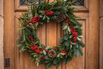 Christmas wreath with red berries and pinecones on wooden door