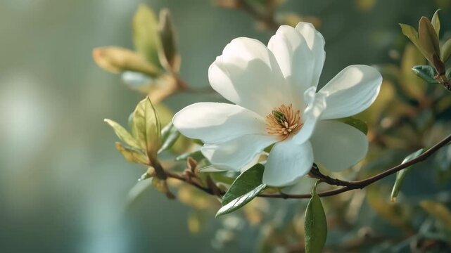 White magnolia flower blooming on a branch in a serene natural setting during spring