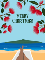 Naklejka premium Traditional New Zealand Merry Christmas season greeting card featuring iconic New Zealand's Maori Christmas pohutukawa tree, scenic view of Rangitoto island and Auckland sandy beach. 