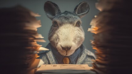 Rabbit is standing in front of a pile of papers. The rabbit is wearing a suit and tie, and it is looking at the papers. The scene suggests a sense of seriousness and formality