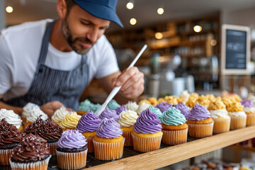 Baker decorates colorful cupcakes at a bakery during the day