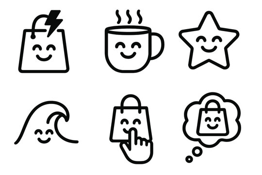 Shopping Icon Themes. Emotive shopping themes linear set: impulse flash, comfort mug, feel-good star, calm wave, personal touch hand, interest bubble.
