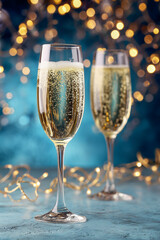 New Year's Eve, two champagne glasses on table, glowing with golden bubbles and foam, soft blue background with sparkling fairy garland lights, bokeh warm and festive atmosphere.