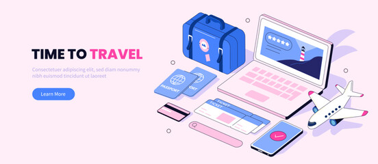 Banner with vacation preparation stuff. Trip booking, online tour reservation, tickets buying vector. Time to travel concept isometric illustration.