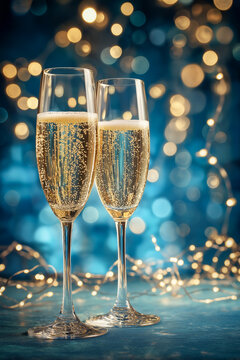 New Year's Eve, two champagne glasses on table in focus, glowing with golden bubbles and foam, soft blue background with sparkling fairy garland lights, bokeh warm and festive atmosphere.
