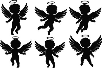 Angel icon set, black silhouette cherubs with wings and halos in flying poses, cad drawing flat vector illustration