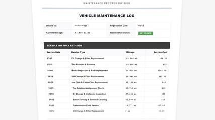 Detailed automotive service log template: comprehensive vehicle maintenance history tracker with animated repair cost analysis
