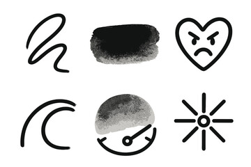 Expressive Art Icons. Expressive Art Dynamics linear set: gesture line, bold brush mark, blended color patch, emotional symbol, creative arc, intensity dial.