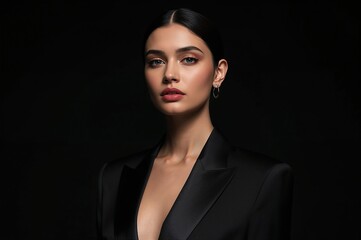 Mujer sofisticada con peinado recogido y atuendo formal negro posando en fondo negro con luz suave y ambiente minimalista.
