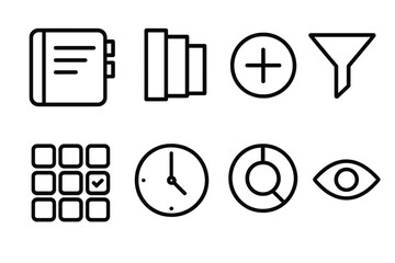 Efficient Organizer Icons. Organized Work Suite linear set: digital notebook, color-coded tabs, quick action button, filter funnel, task grid, scheduling clock, progress wheel,