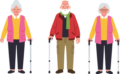 Elderly people illustration set with walking canes, senior men and women characters, retirement lifestyle, healthcare, support concept, isolated