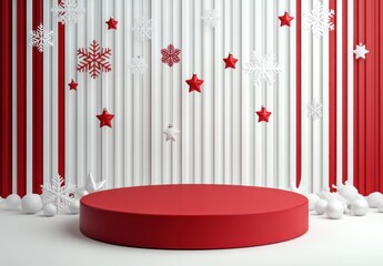 Christmas product display podium with red and white striped background and holiday ornaments