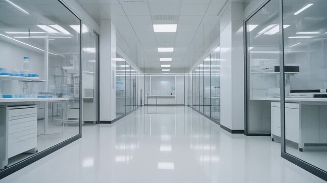 Bright, Modern Laboratory Corridor with Reflective White Floors and Glass Walls