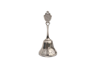 Metal souvenir bell. Lunch bell in silver color isolated on white background. Hand call bell for weddings, christmas, school, lunch