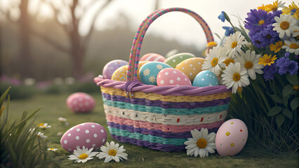Colorful Easter eggs in woven basket surrounded by flowers outdoors  