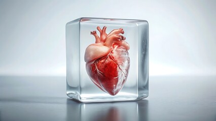 a realistic human heart encased within a transparent rectangular prism displaying its anatomical structure and vibrant coloring on a reflective surface high-quality