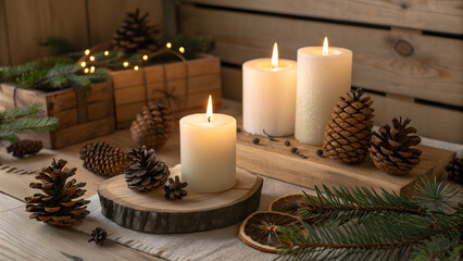 christmas still life with candles and decorations
