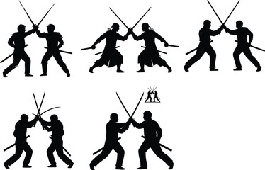 Sword fighting silhouettes, martial arts combat, samurai duel poses, fencing action, warrior training, traditional weapons, dynamic battle stances, black vector illustration