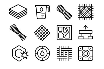 Composite Material Icons. Reinforced Composite Systems linear set: cross-ply laminate tile, infusion resin cup, fiber tow bundle, stabilizing mesh layer, rigidity panel, impact