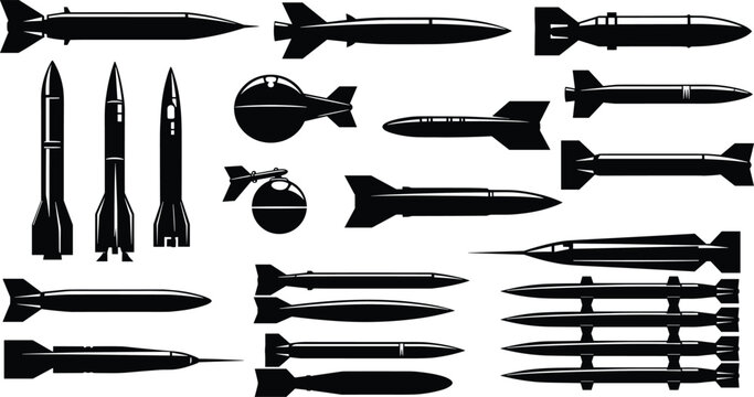 Missile and bomb icon set, black silhouette military ordnance in various shapes and fins, cad drawing flat vector illustration