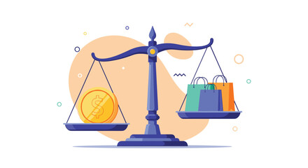 Balance scale with a gold dollar coin on one side and colorful shopping bags on the other symbolizing a balanced budget.