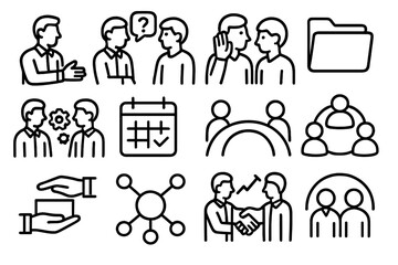 Professional Networking Icons. Professional Relationship Building linear set: introduction gesture, thoughtful question card, active listening icon, professional folder,