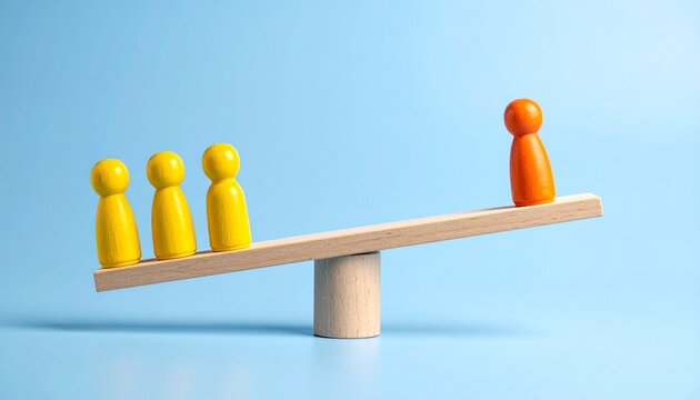 Value Imbalance: Yellow Pawns Weighed Against Larger Orange Figure on a Wooden Balance Scale