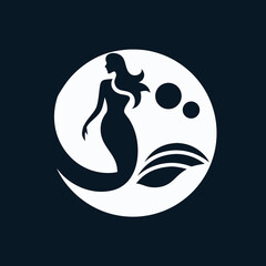 Stylish mermaid logo vector icon on black backdrop with flowing lines and refined silhouette, great for wellness branding, ocean companies, fantasy graphics, and high-end logo design.