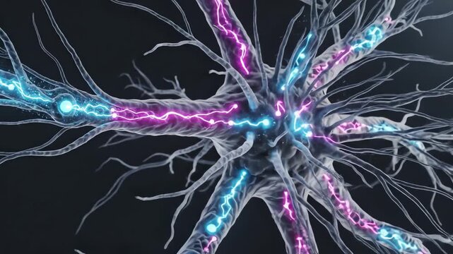 Dopamine interacting with inhibitory and excitatory circuits simultaneously, lighting up different neural branches in contrasting colors. These color-coded pulses travel through parallel pathways