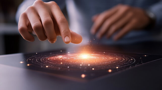 Hand finger digital holographic map glowing futuristic technology interactive touch screen - Powered by Adobe