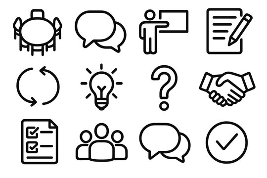 Discussion & Collaboration Icons. Meeting & Discussion Elements linear set: roundtable icon, speech bubble, presenter figure, meeting notes, dialogue arrows, idea bulb, question