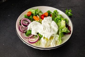 Burrata salad tomato, purple onion, green leaf lettuce tasty snack fresh gourmet food table setting rustic food top view copy space keto and paleo diet vegetarian food