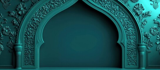 Ornate Teal Islamic Archway with Intricate Floral and Bird Carvings, a Majestic Luxury Backdrop for Product Display or Event Presentation