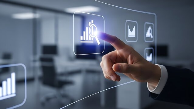 Businesswoman touching virtual screen with magnifying glass over financial graphs and analytics - Powered by Adobe