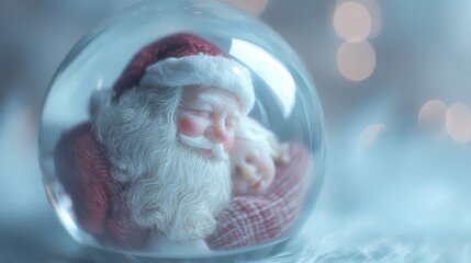 christmas in space. A serene snow globe with Santa and a sleeping child inside.