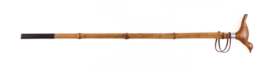 Elegant bamboo wooden walking cane isolated on white background