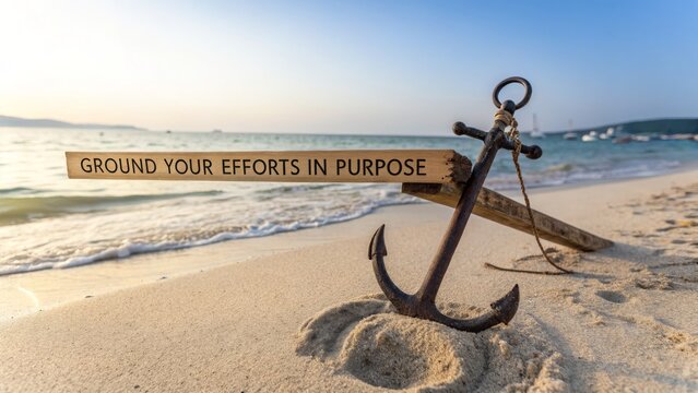 Old Anchor resting on sandy beach with motivational message.