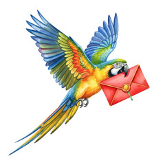 Fototapeta premium Colorful Macaw Parrot Flying with Red Envelope isolated on a transparent background bird